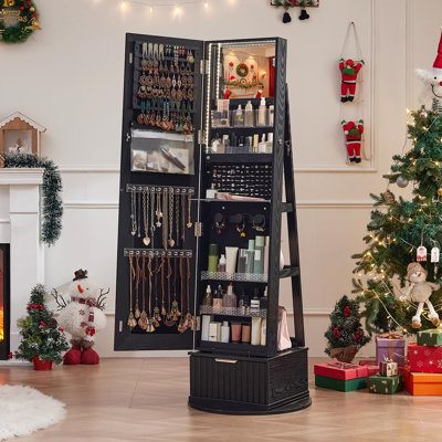 63-Inch Fluted 360° Swivel Jewelry Armoire with Full-Length LED Mirror