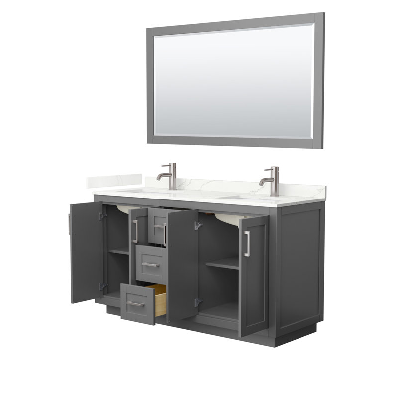 Miranda 60" Freestanding Double Bathroom Vanity with Quartz Top with 58" Mirror, Giotto Quartz, Dark Gray, Brushed Nickel
