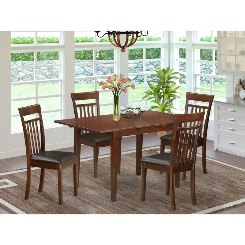 5 Piece Dining Room Furniture Set Includes a Rectangle Kitchen Table with Butterfly Leaf and 4 Faux Leather Chairs, Mahogany