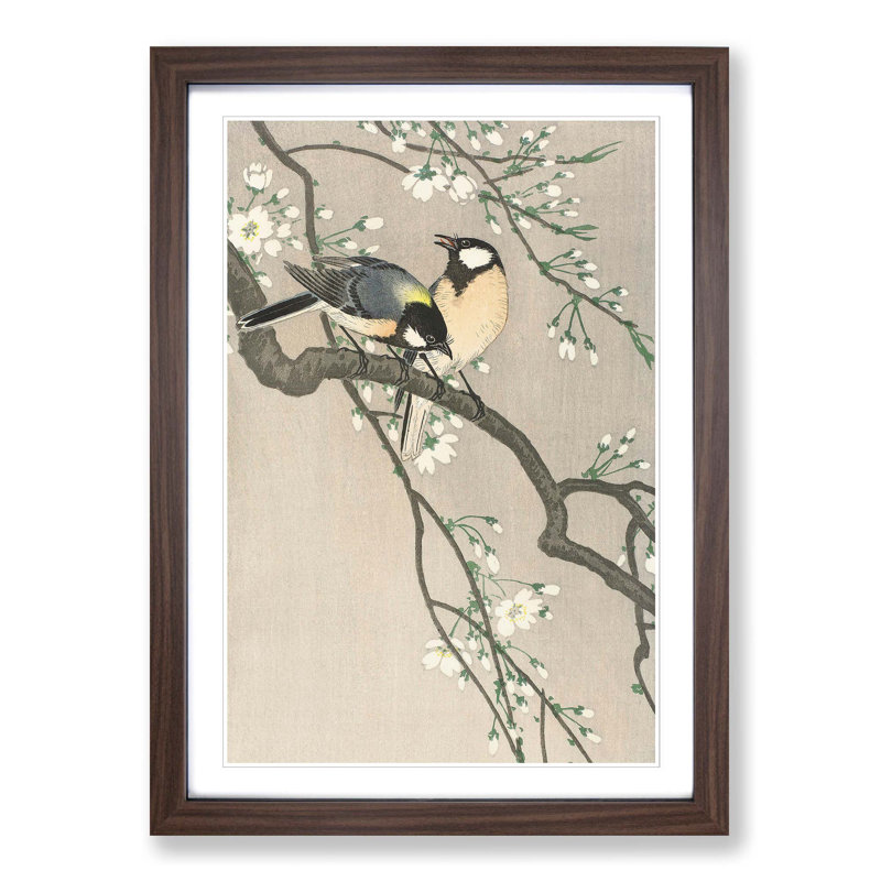 Tits on a Cherry Branch by Ohara Koson - Picture Frame Painting Print, Walnut Framed, 65cm H x 48cm W x 2cm D