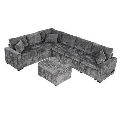 Grey Sectional With , Charging Points & 3 Back Pillows 112.2 112.2" Sleeper, Movable Storage For Living Area