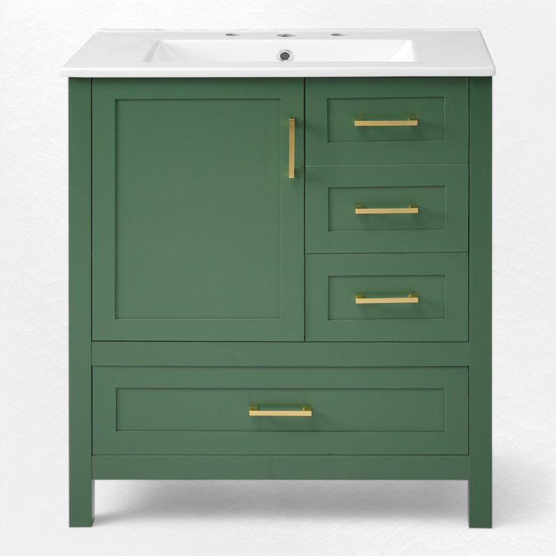 Meuble-lavabo simple 30 po avec comptoir en céramique, Vert / doré