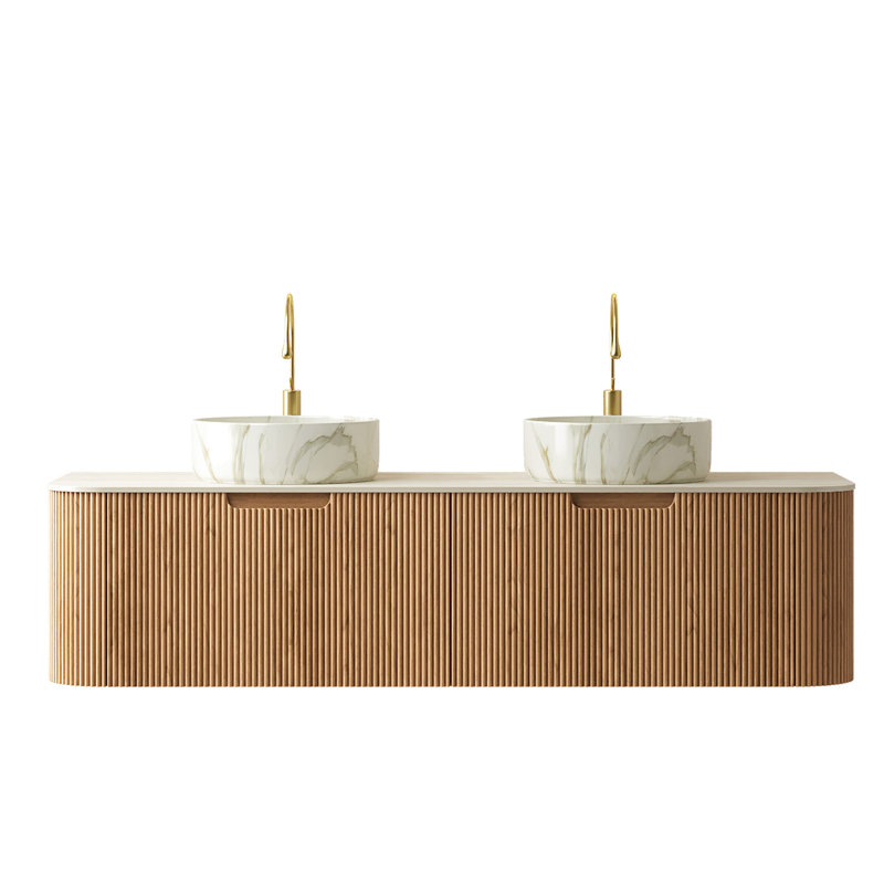 Meuble-lavabo mural de 152 cm (60 po) avec deux lavabos ronds en céramique blanche, aspect pierre frittée, fini naturel, préassemblé, dessus de toilette effet bois.