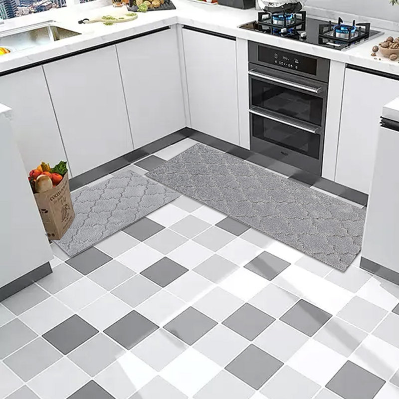 Kitchen Floor Mats, Washable, Polyester, Non-Skid, 2 PCS Set, Light Gray