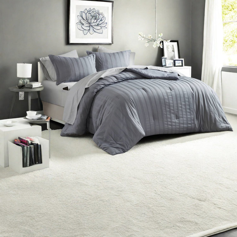 Ensemble de literie 7 pièces gris de qualité supérieure, édredon en polyester avec rayures tissées modernes pour la maison ou le dortoir