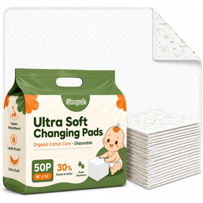 Organic Cotton Core Ultra Soft Disposable Changing Pad Liners 50-Pack Large | 18x24” Super Absorbent Waterproof & Hypoallergenic Baby Changing Table Liners Leak-Proof Diaper Pads Lead/Phthalate/BPA Free