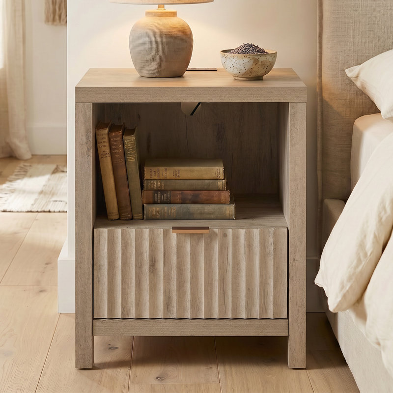Arrilla 25" H Fluted 1-Drawer Nightstand with Built-In Outlets, Greige Oak