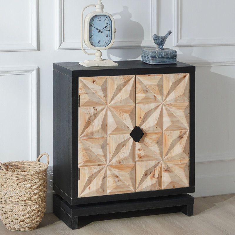  Armoire sculptée à double porte géométrique 3D, buffet de rangement moderne noir et bois naturel