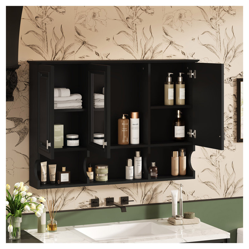 Armoire de rangement 41 po avec miroir - Armoire à pharmacie murale avec tablettes ouvertes et tablette réglable pour l'organisation au-dessus de la toilette