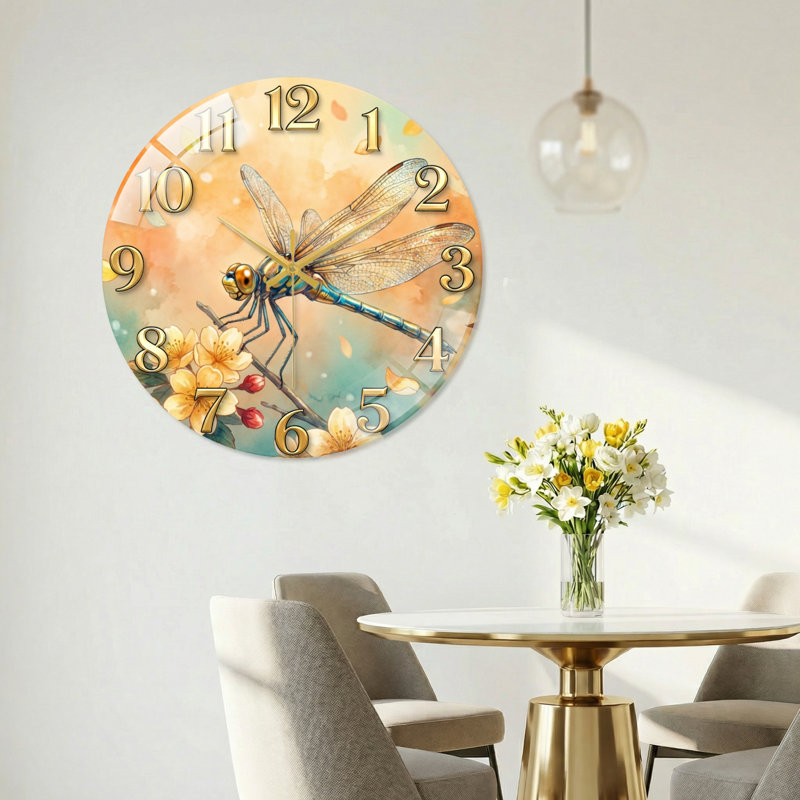 Libellule horloge murale en verre, 40 x 40 cm (15,7 x 15,7 pouces)