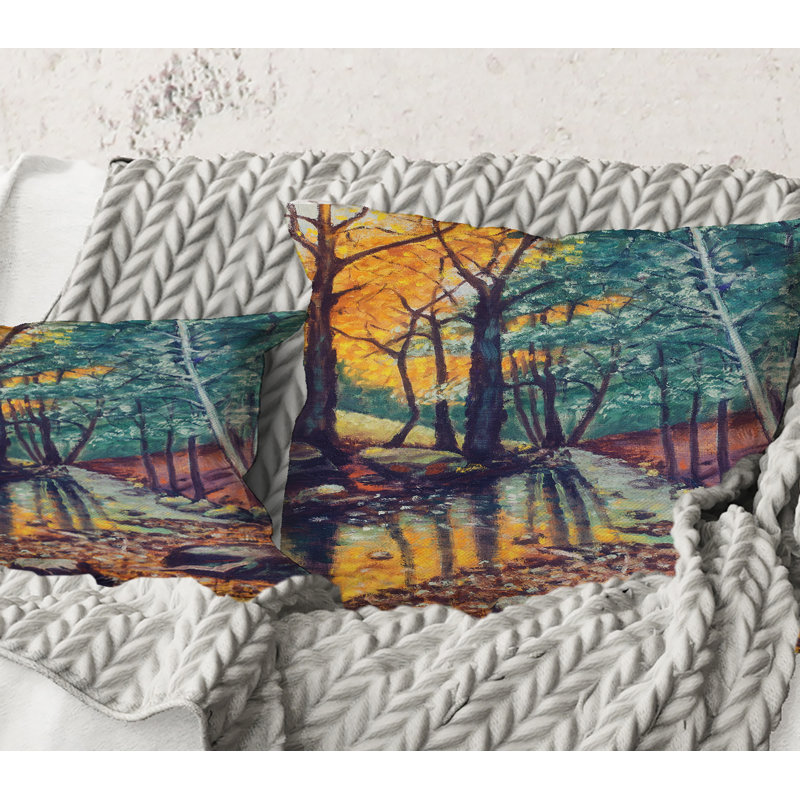 Carré, paysage avec rivière en automne forêt coucher de soleil - coussin décoratif traditionnel, 18" x 18"