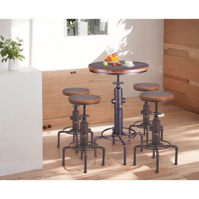 Anguel Pine Round Solid Wood Top Metal Base Dining Table, Brown/Antique Copper