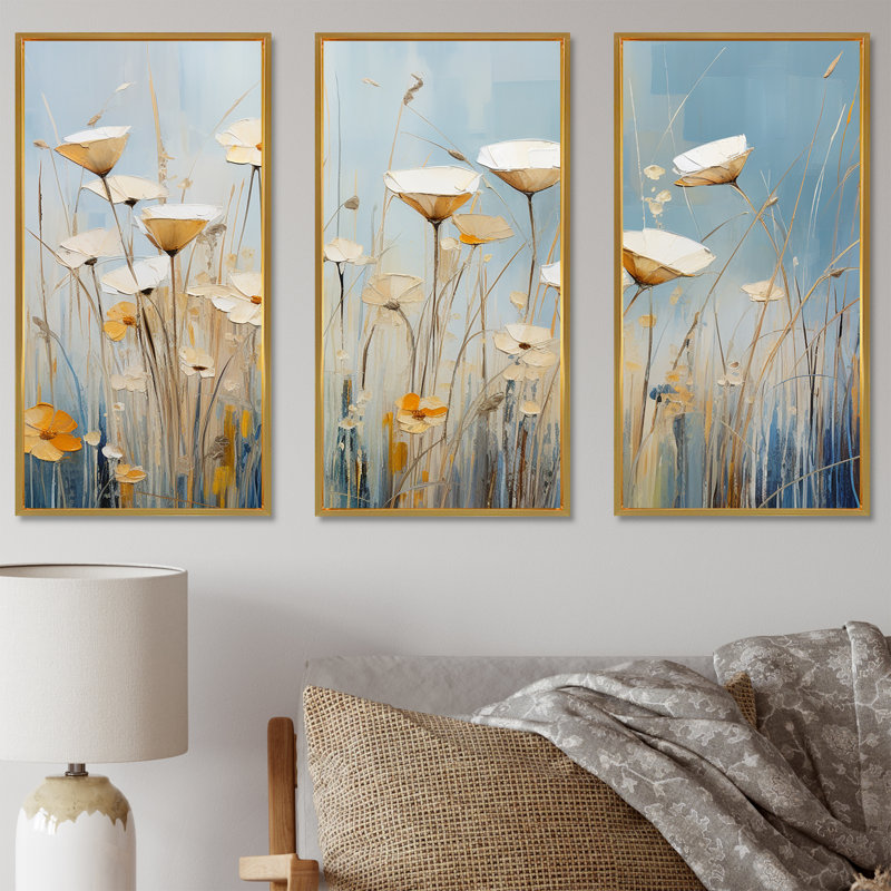 «Beige Minimalisme Wildflowers Breeze» - ensemble d'art mural fleurs sauvages, Cadre flottant doré