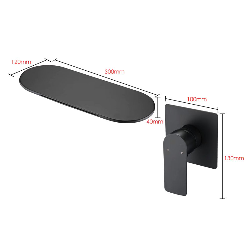 Robinet de lavabo de salle de bain - mural, noir mat, poignée simple, bec noir encastré, Noir mat