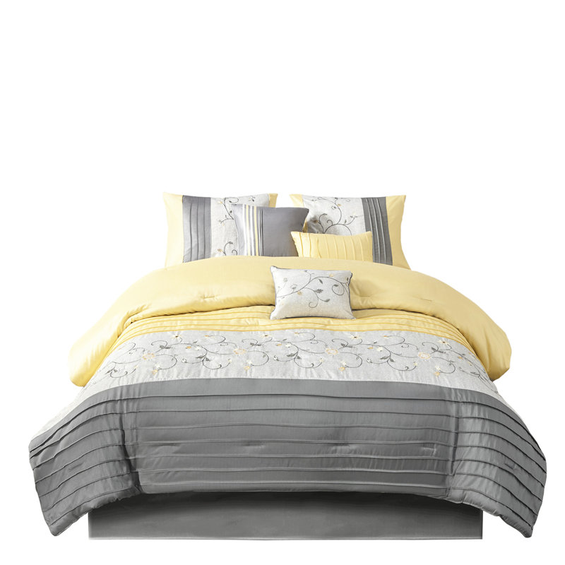 Édredon pour grand lit 7 pièces en jaune - Chambre confortable brodée et en tissu