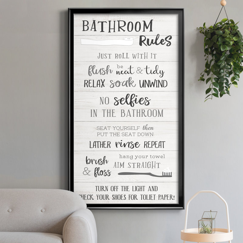 "Bathroom Rules" - Art textuel sur toile, H 10,5 po x l 18,5 po x P 1,5 po, Toile avec cadre noir