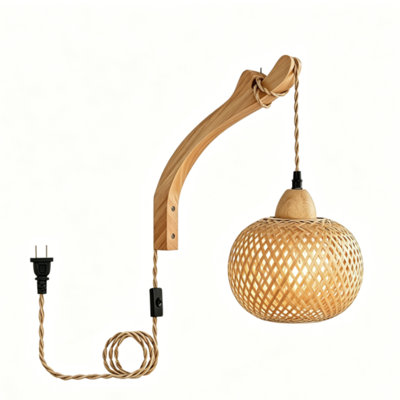1 - Light Pulg In Bamboo Wall Sconce Farmhouse Wicker  Cord Hand Woven Rattan  For Living Room Bedroom