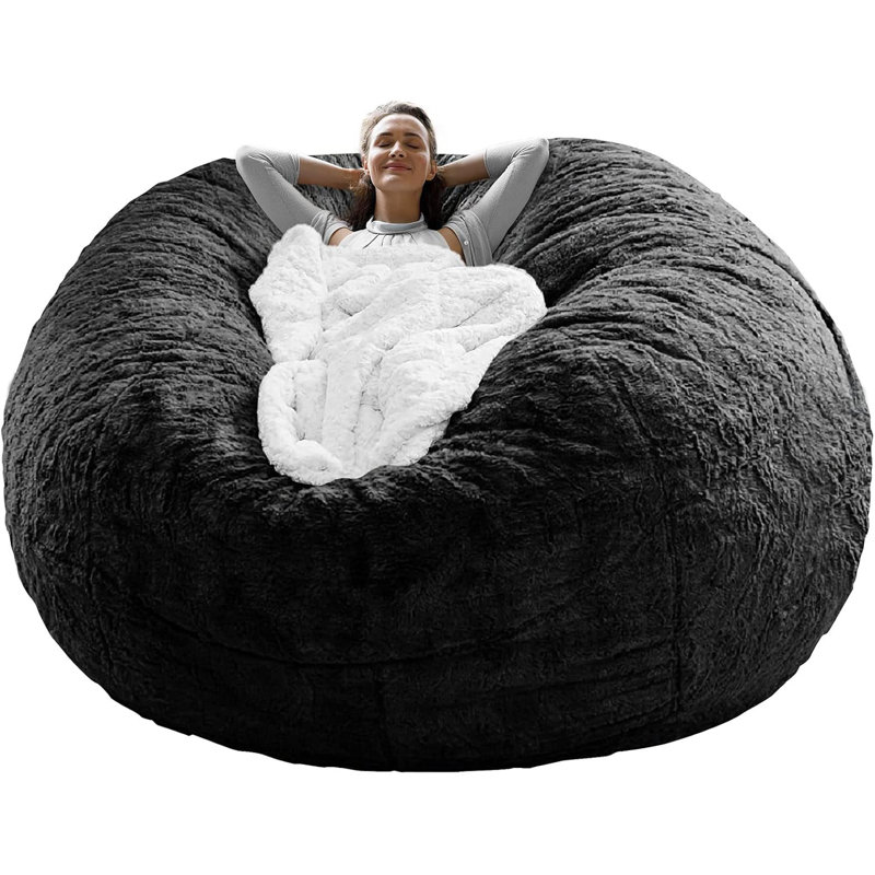  Round Bean Bag Chair Cover, Soft Fluffy PV Velvet, Black, 5Ft – Stain Resistant & Storage-Friendly Lounging Seat