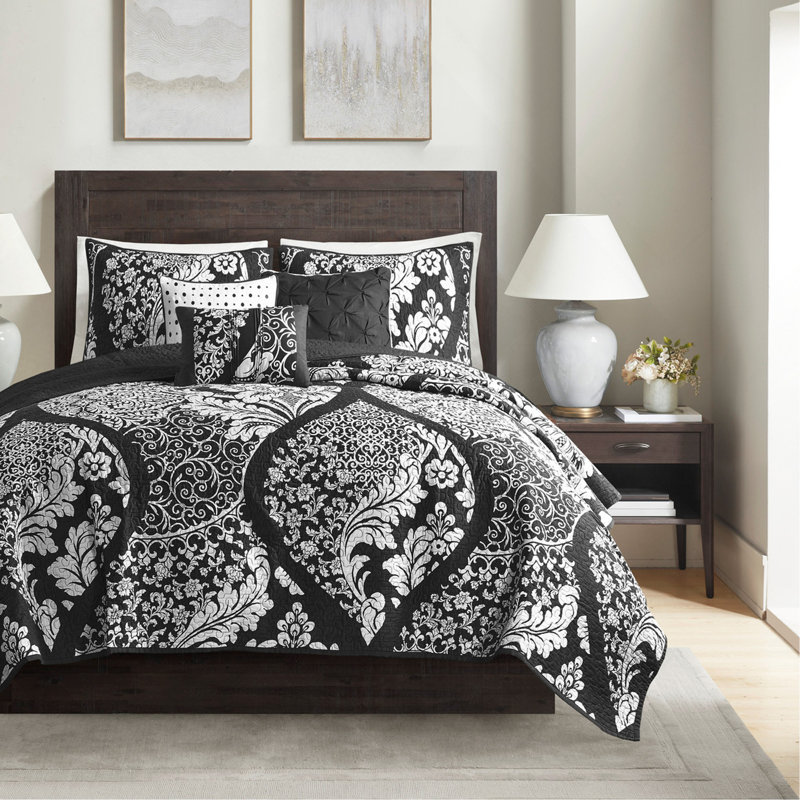 Ensemble de courtepointe en coton à motif damassé complexe avec coussins décoratifs, double / grand, réversible et certifié OEKO-TEX