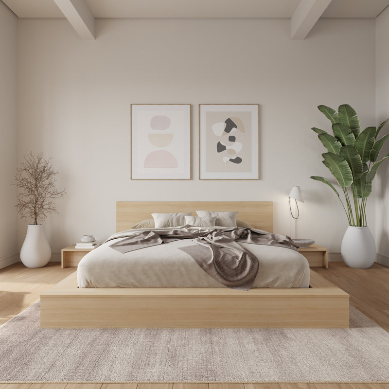 Ensemble de chambre avec lit plateforme 3 pièces Makoa, Beige, Grand lit