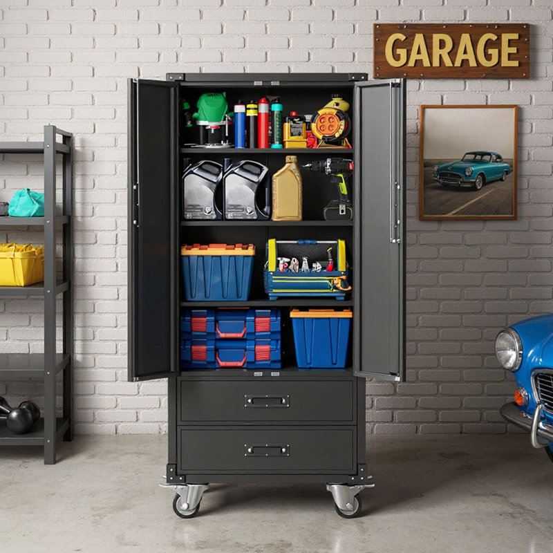 Armoire de rangement en métal avec roulettes, armoire de rangement à roulettes robuste avec portes verrouillables et 4 tablettes réglables