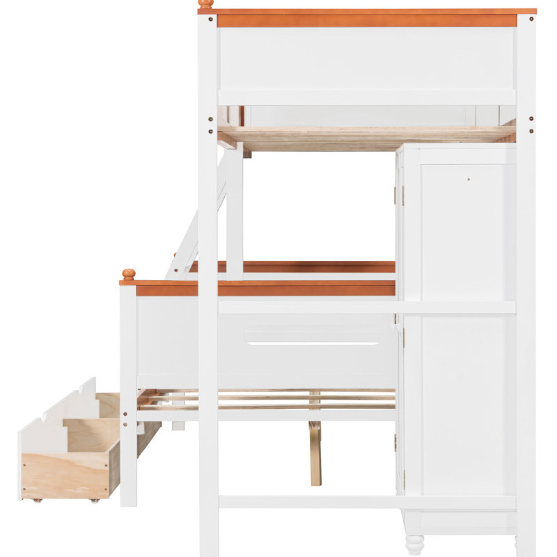 Lit superposé simple au-dessus d'un lit double avec tablettes éclairées à DEL, lit blanc, bordure orange, peu encombrant