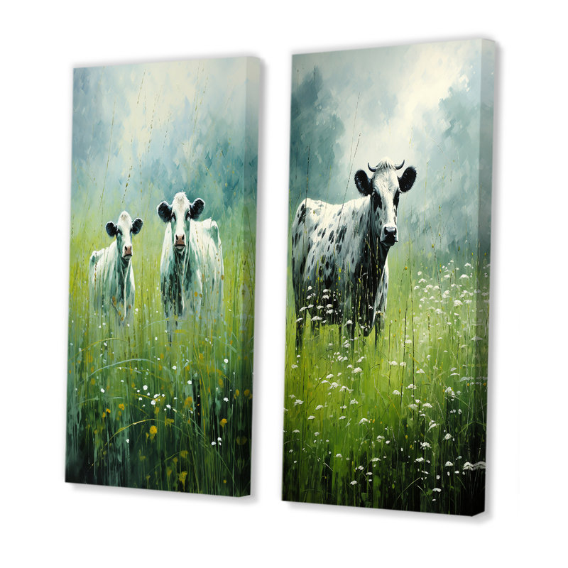 Vache dans les pâturages verdoyants - Ensemble de 2 décorations murales de vache, H 28 po x l 25 po, Toile tendue