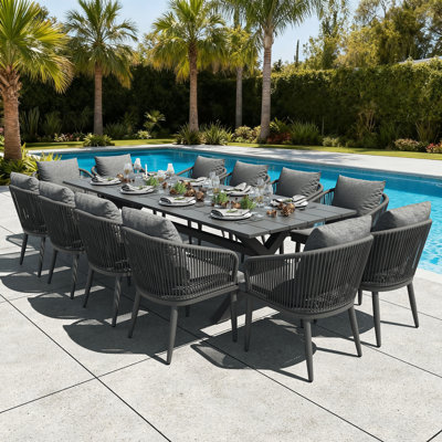 Outdoor Dining Set Woven Rope Wicker Patio Dining Set With Rectangular Aluminum Table And Modern Armrest Dining Chairs