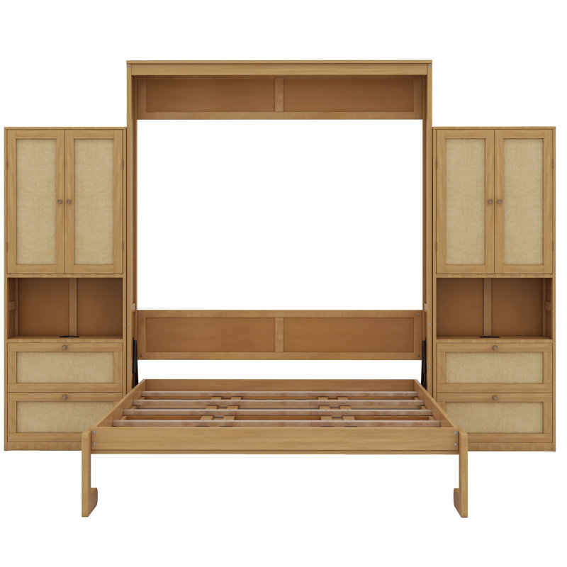 Grand lit escamotable avec 2 armoires latérales, lit escamotable en rotin Farmhouse, Naturel