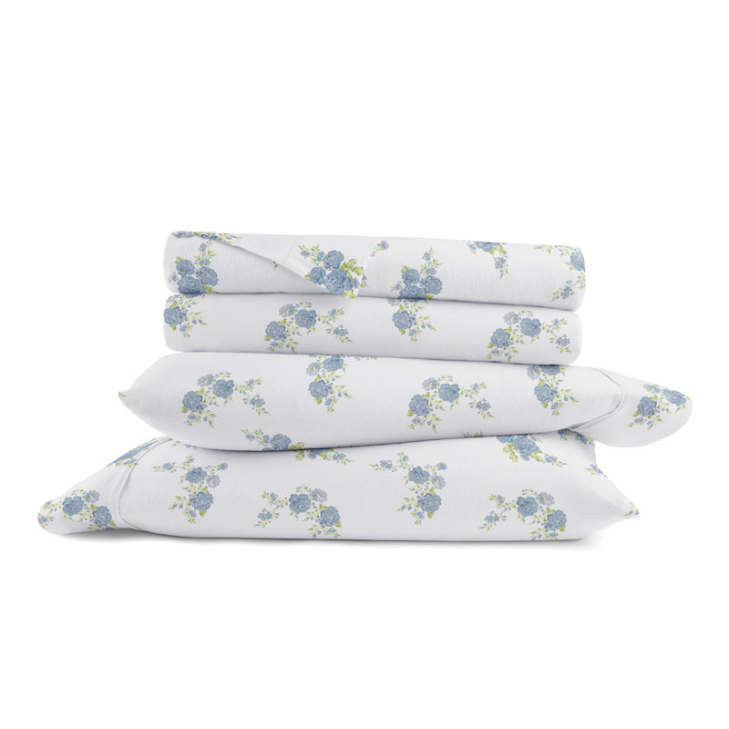 Ensemble de draps en flanelle de coton Varkala, Full Sheet Set, Bleu clair / roses