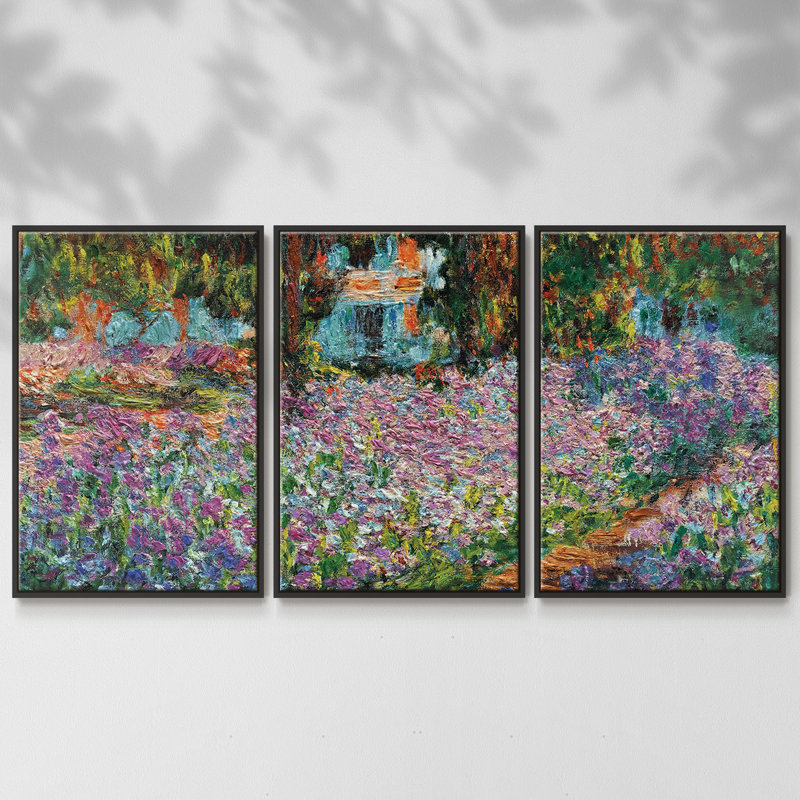 Iris in Monet's Garden, 1900 03, reproduction d'art encadrée sur toile 3 pièces, H 36 po x l 75 po x P 2 po, Cadre noir