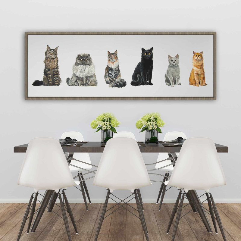Six chats alignés - Toile encadrée beige pour la décoration intérieure