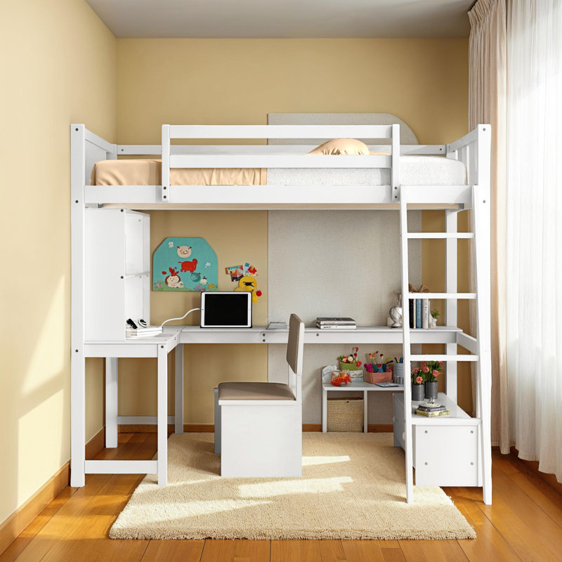 Lit mezzanine double avec bureau avec DEL et USB, Blanc