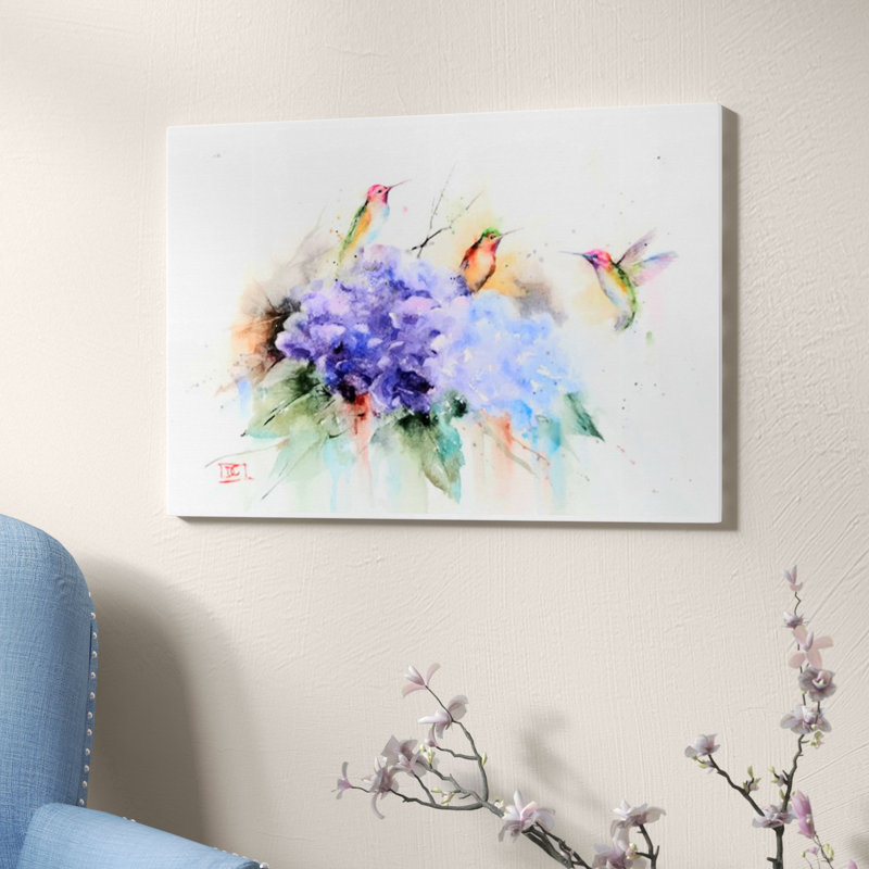 «Three Hummingbirds», peinture sur toile, H 8 po x l 12 po x P 0,75 po, Pas de tapis, Toile tendue