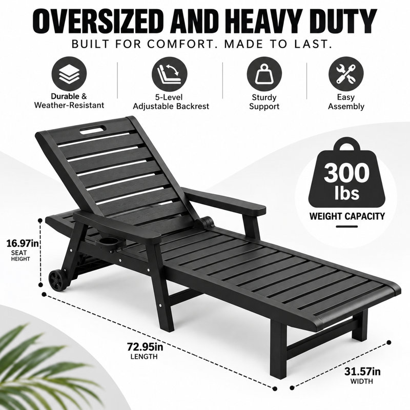 Chaise longue avec dossier réglable à 5 positions, imperméable, légère, en résine PP, résistante aux intempéries, avec roulettes, idéale pour la piscine, le jardin, la plage et la pelouse.