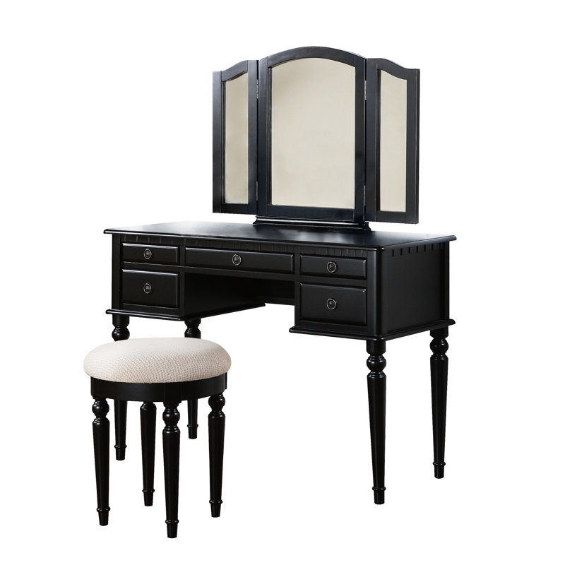 Meuble-lavabo de chambre à coucher noir avec miroir pliable et tabouret - Design contemporain avec tiroirs rembourrés