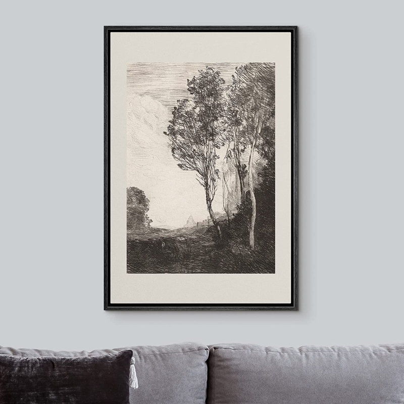 «Rustic Countryside Dark Country Tree Field Forest Nature - Floater Frame», impression sur toile, Noir