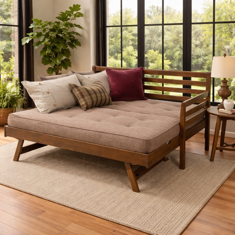 Lit de jour et lit escamotable avec matelas Alhamdi Boho, Lin pierre, Noyer rustique