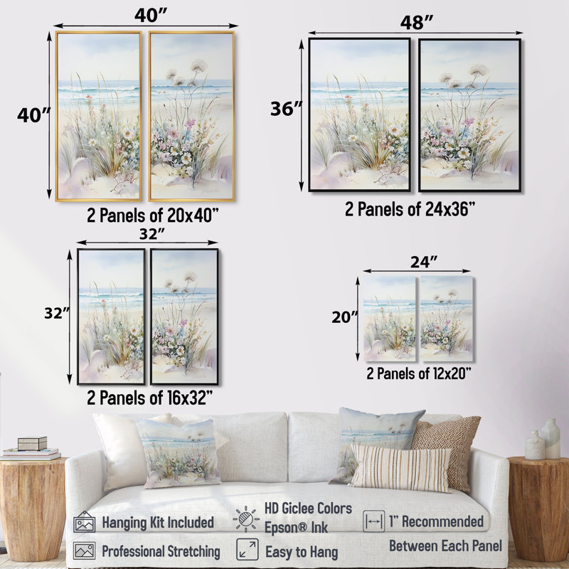 Fleurs sauvages sur la plage - Grandes fleurs sauvages, impressions sur toile, H 36 po x l 48 po, Doré