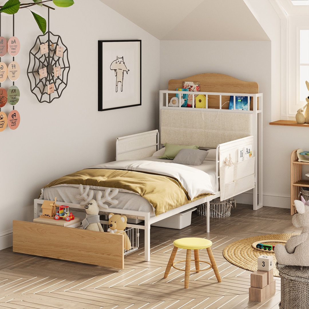 Bilboro Upholstered Metal Platform Bed Frame with Bookcase Headboard, Guardrail, and Bedside Caddy - Multifunctional Design with Charging Station Ebern Designs 