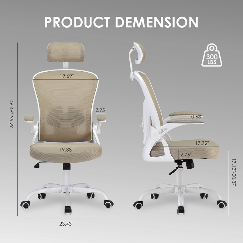 Ergonomic Office Chair, Home Office Desk Chair With Headrest, High Back Computer Chair With Armrests And Adjustable Lumbar Support For Home Office Study Room,White & Khaki