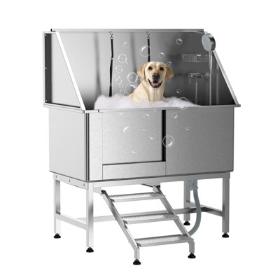 50 Inch Stainless Steel Dog Bathing Station, Professional Pet Grooming Tub with Left stair & Floor Grate, Washing Station for Large Medium Small Pets