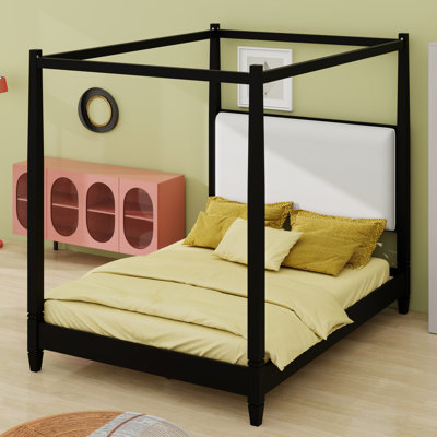 Modern Canopy Platform Bed with Upholstery Headboard and Wood Slat Support