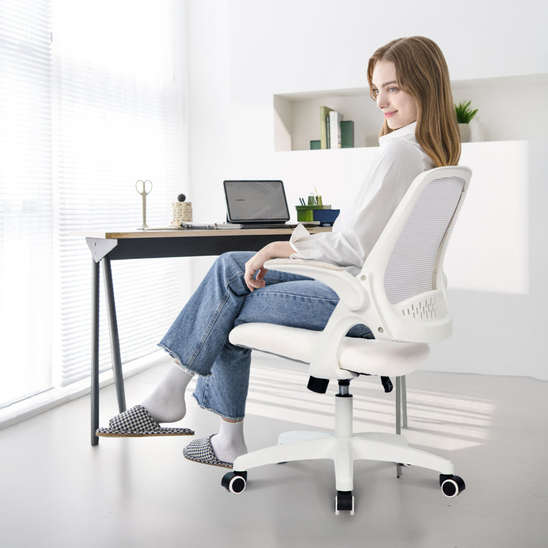  Nahjee Space-Saving Ergonomic Home Office Chair Task Chair with Flip-Up Armrests, Ivory, Plastic