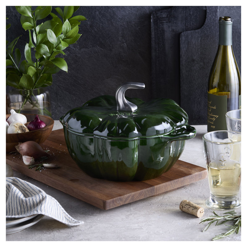 STAUB Cast Iron 3.5-Qt Pumpkin Cocotte With Stainless Steel Knob - Basil