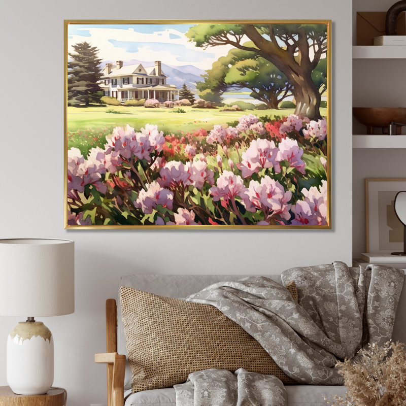 Rhododendron «Blooms at Farm IV» sur toile, Cadre flottant doré, H 30 po x l 40 po x P 1,5 po