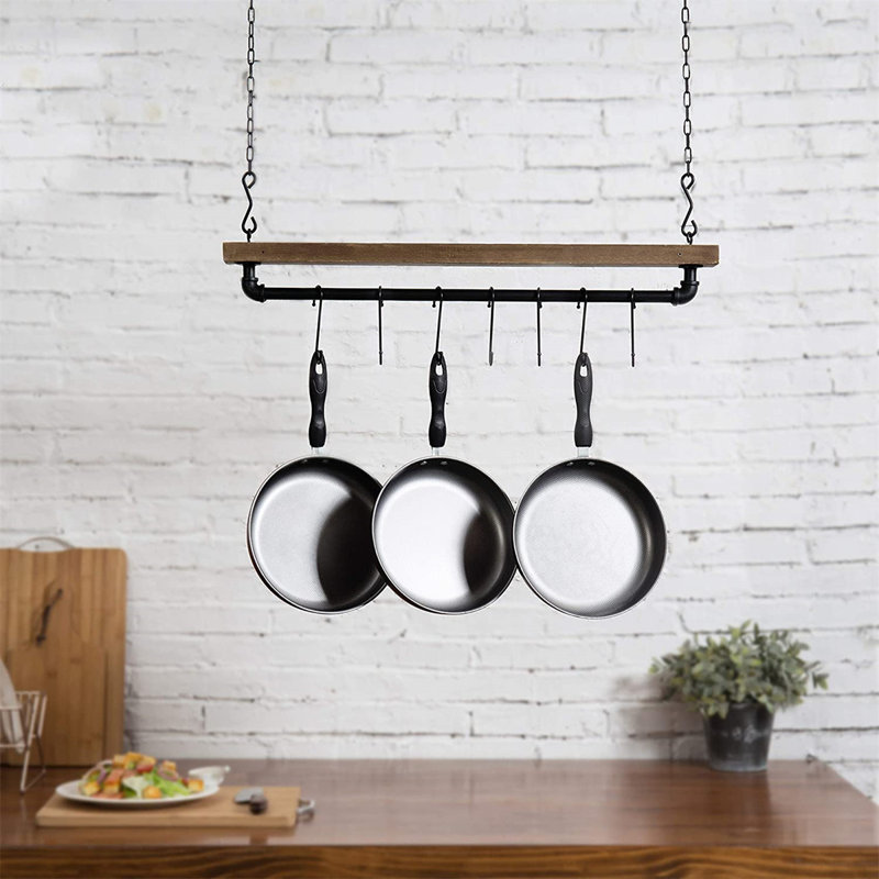 Metal/Wood Rectangle Hanging Pot Rack, Brown
