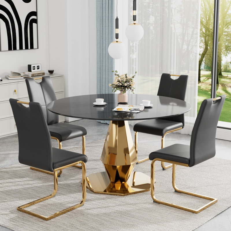 Round Pedestal Tempered Glass Dining Set, Black, 29.53"H x 47"L x 47"W, Gold