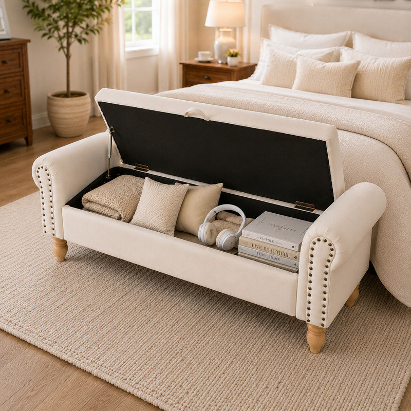Banc de rangement avec repose-pieds, beige