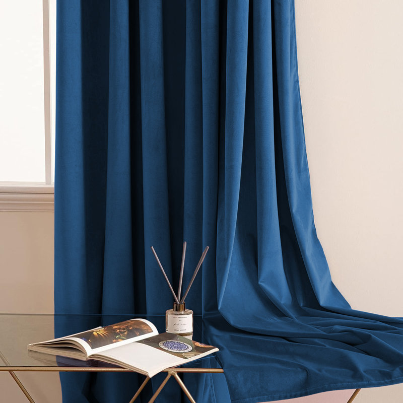 Thermal Velvet Curtains with Eyelet Ring Top - Blackout Crushed Velvet Drapes Pair, Blue, 117cm Width x 137cm Drop